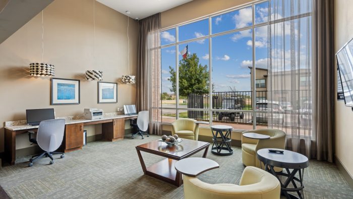 the lobby of a hotel with a large window at The  BLVD